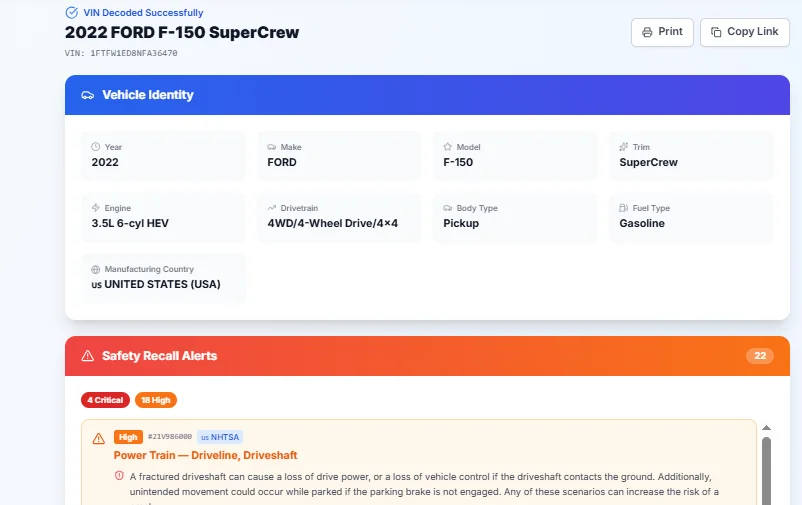 CARDAPS free vehicle history check showing VIN decode results with recall alerts and links to IBC and CPIC verification