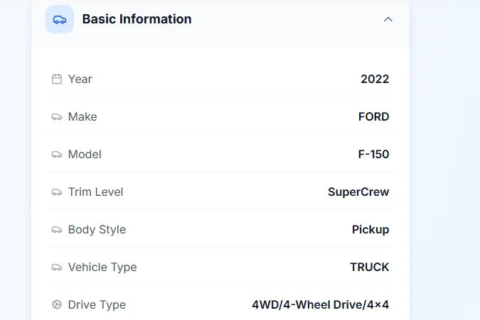 CARDAPS free VIN decoder showing decoded vehicle specifications including make, model, engine, transmission, and manufacturing country