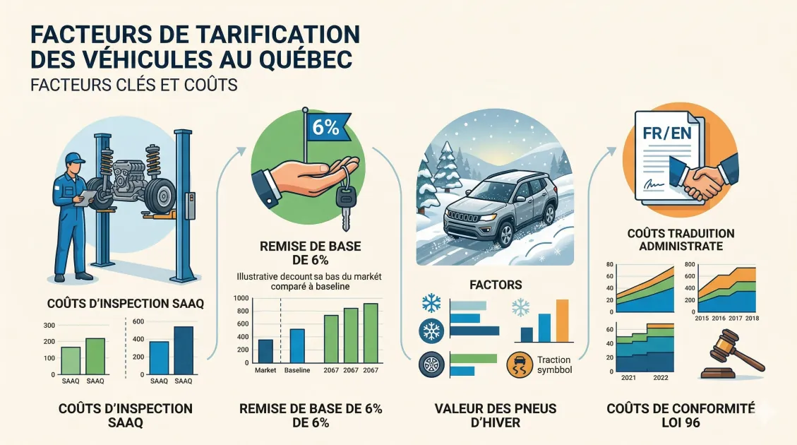 Quebec vehicle pricing factors — SAAQ inspection costs, 6% baseline discount, winter tire value, Bill 96 compliance costs, and 18% negotiation spread